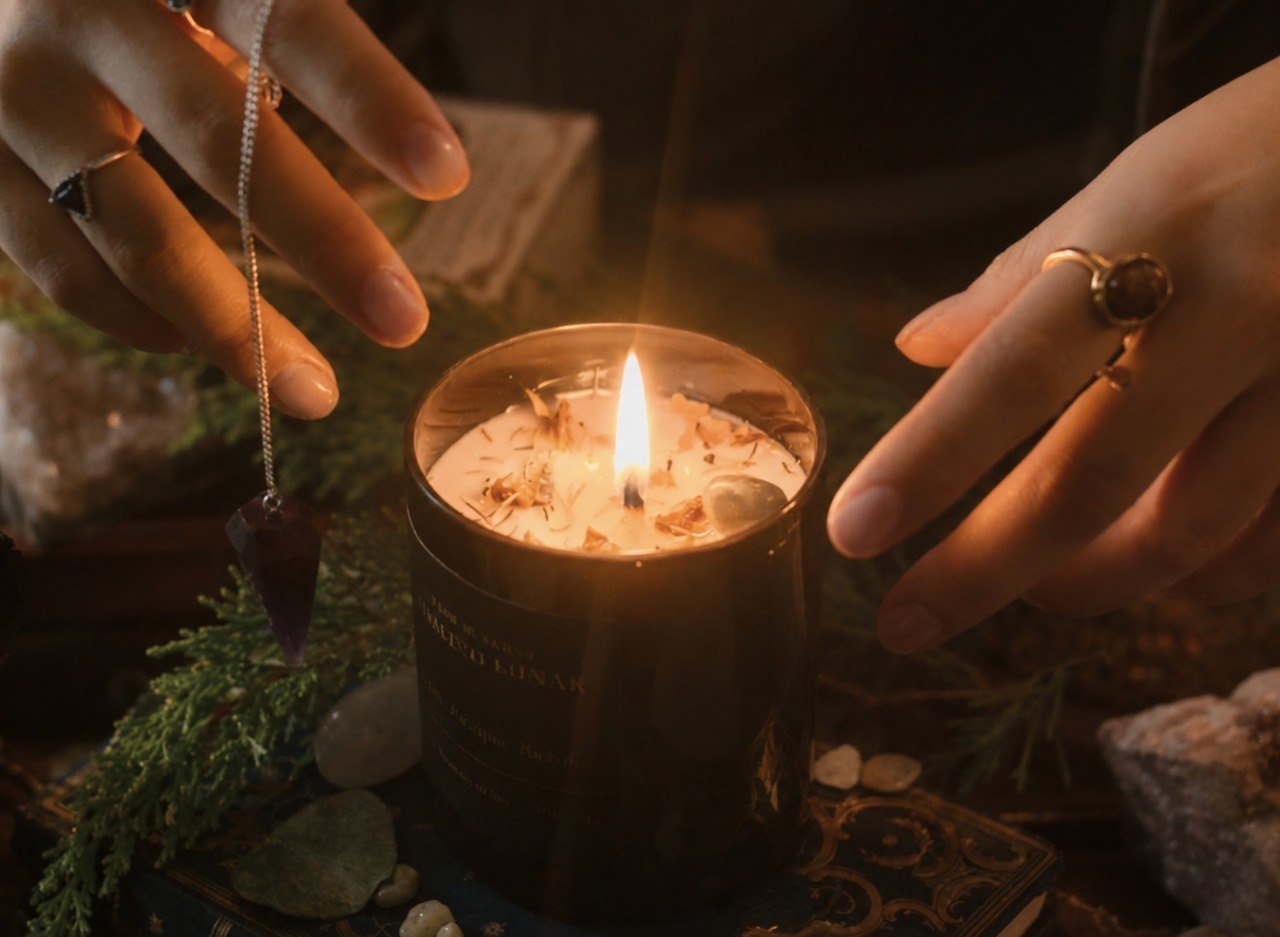 Fotografía de una vela encendida en un altar